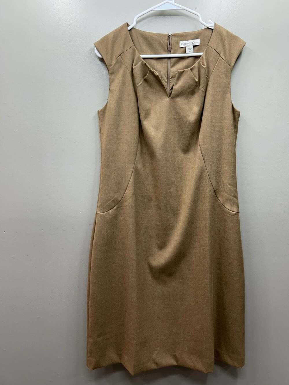 Coldwater Creek Tan Sleeveless Pleated Neckline Career Sheath Dress Size 10